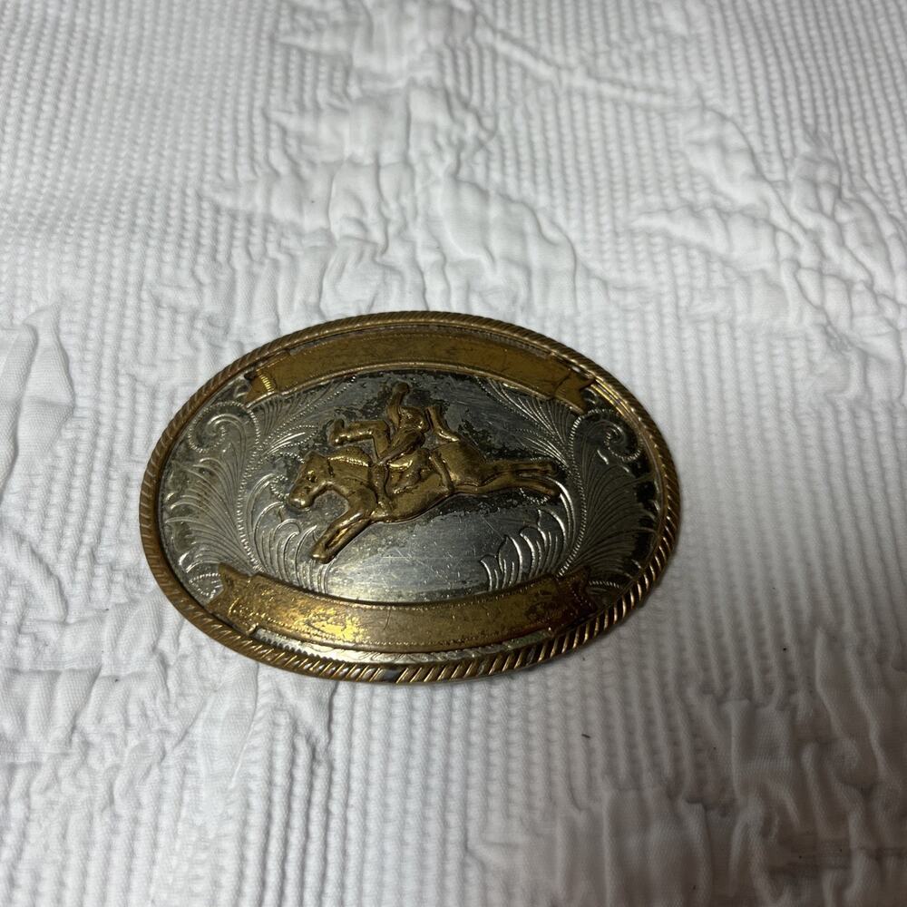 VTG German Silver Western Cowboy Belt Buckle Oval Two Tone Bucking Bronco Rodeo